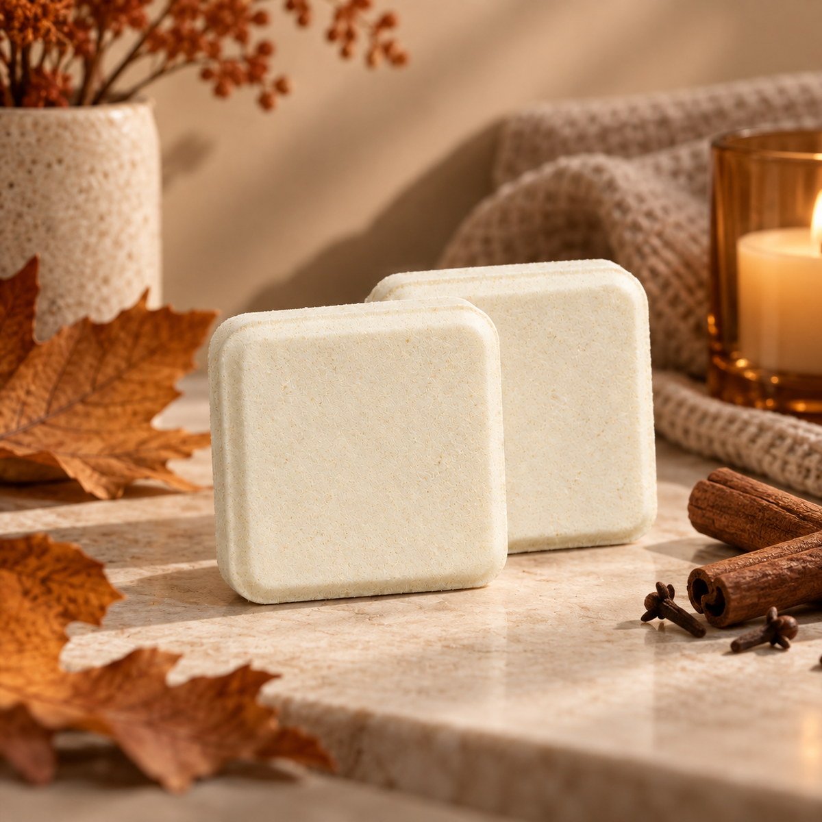 Two square off-white bath bombs with a textured finish, styled on a marble surface with autumn leaves, cinnamon sticks, a candle, and a vase in the background.