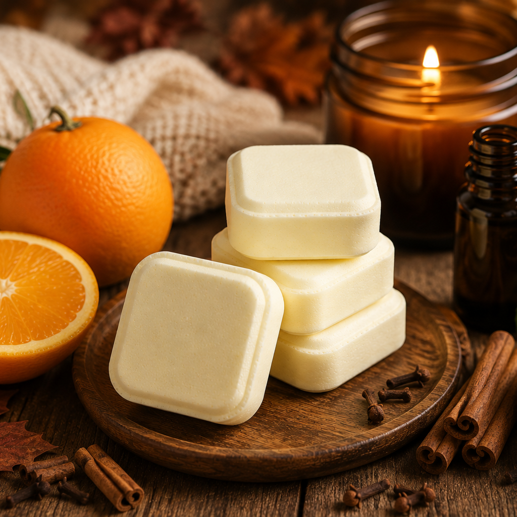 Four square cream-colored soap bars stacked on a wooden board, styled with a whole and halved orange, cinnamon sticks, cloves, mint leaves, a lit amber candle, and a small dark bottle on a rustic wooden surface.