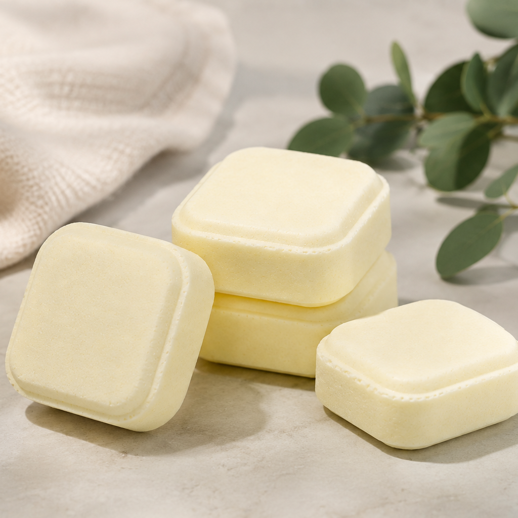 Three pale yellow square bath salts or soap bars arranged on a light stone surface with a cream cloth, green eucalyptus leaves, and lavender sprigs in the background.