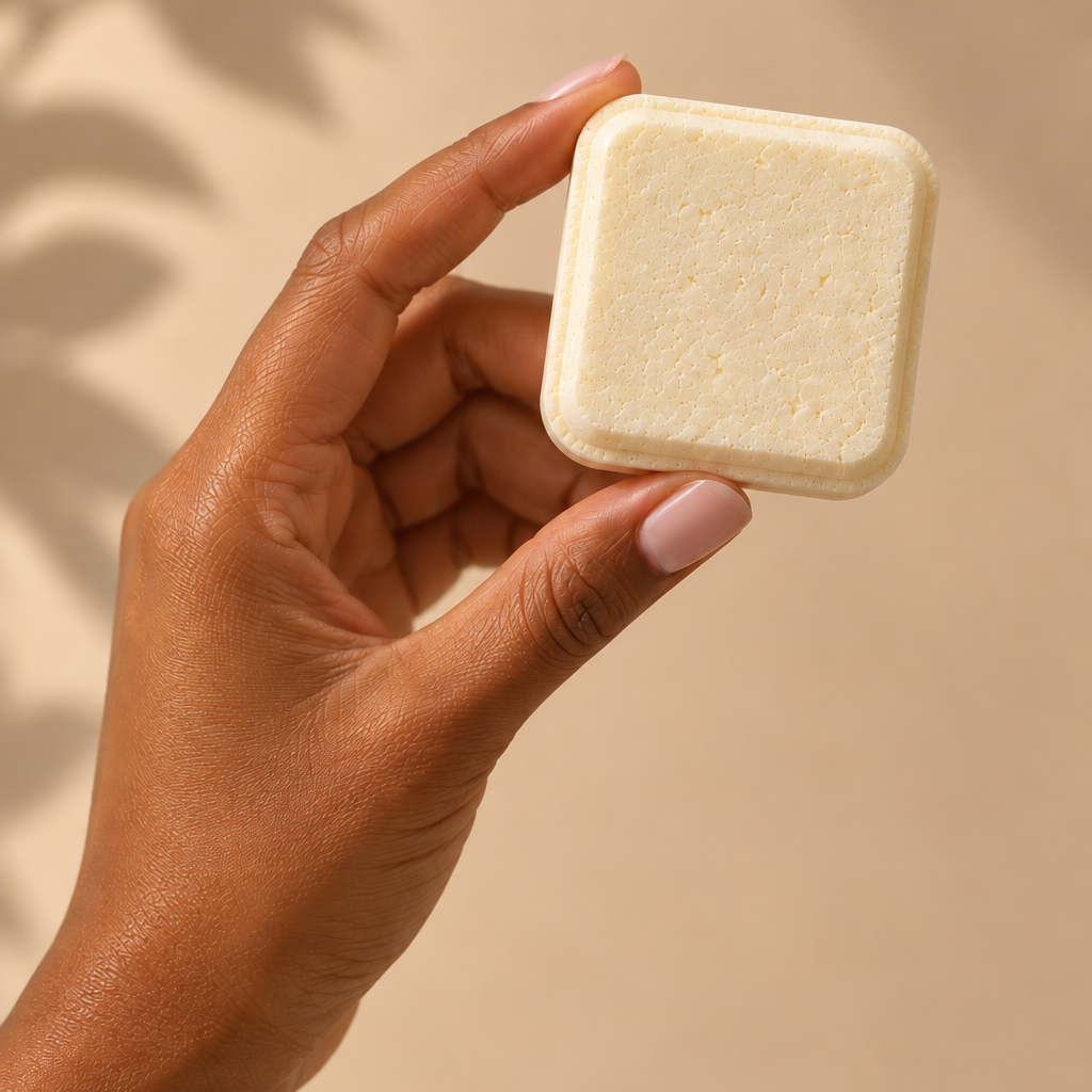 A hand with light pink manicured nails holds a small, square, off-white bar product against a warm beige background with soft leaf shadows.