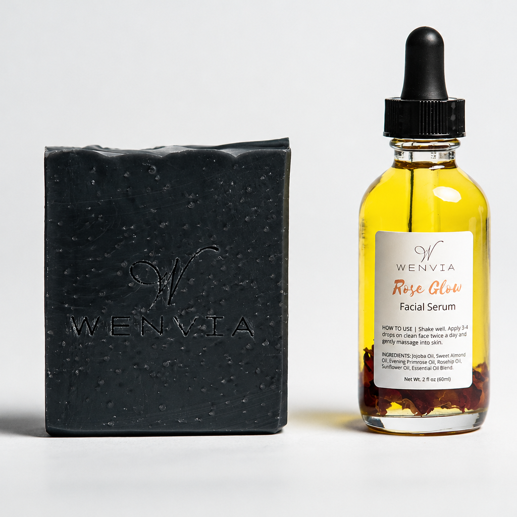 Wenvia detox soap bar and facial serum bottle with white label packaging on a white background