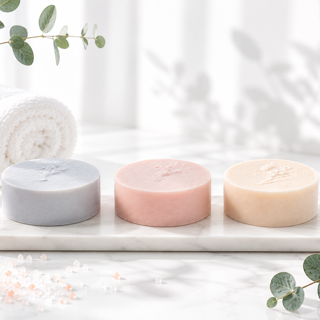 Three soaps on a marble tray with eucalyptus leaves and towels in the background