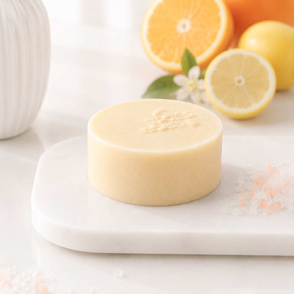 Bar of soap on a white surface with oranges and lemons in the background