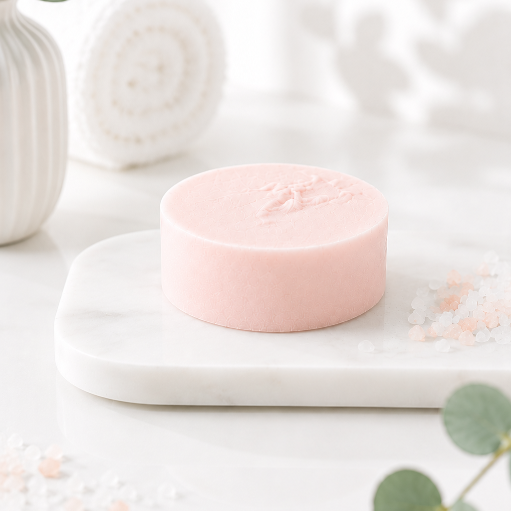 Pink soap bar on a white marble stand with eucalyptus leaves in the background